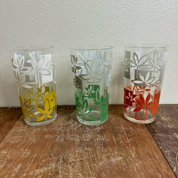 Set of‎ 3 MCM Vintage Two Tone floral print drinking glasses yellow green orange - Picture 7 of 8